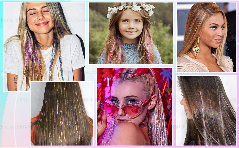 Sanas Hair Tinsel 12Pcs Glitter Hair Extensions Sparkle Hair Extensions Colourful Hair