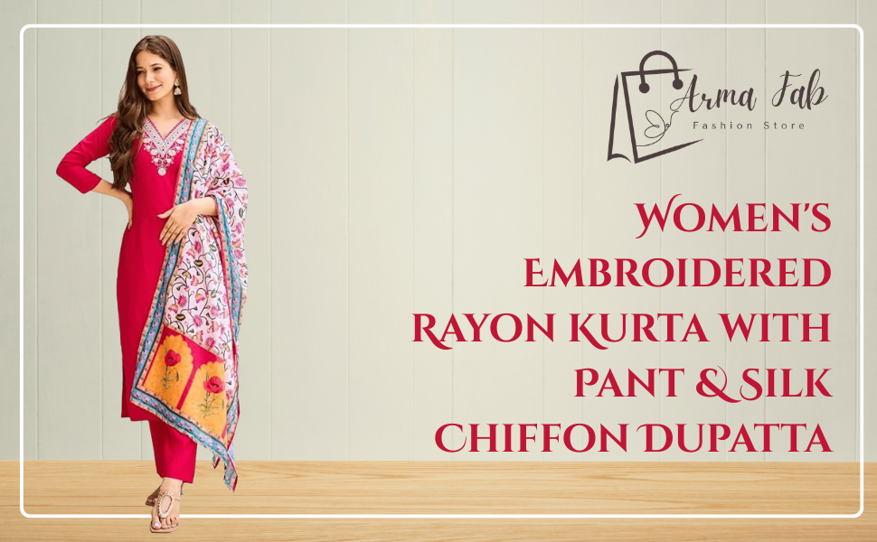 ARMA Fashion Women’s Embroidered Rayon Kurta Set with Pant & Dupatta