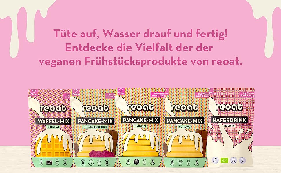 Das reoat Produktsortiment mit veganen Pancakes, veganen Waffeln und Haferdrink.