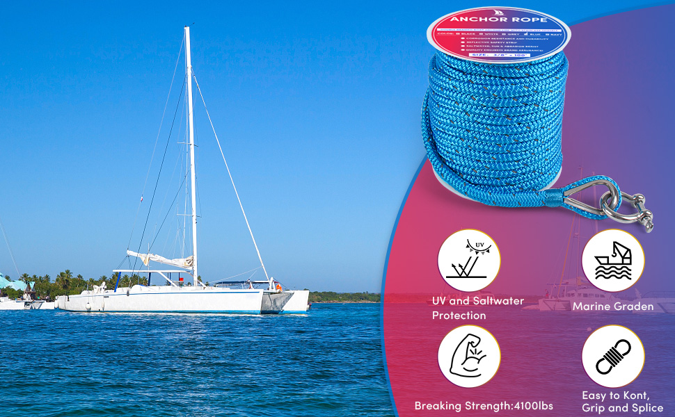 Premium Anchor Rope 100 ft x 3/8 inch, Double Braided Nylon