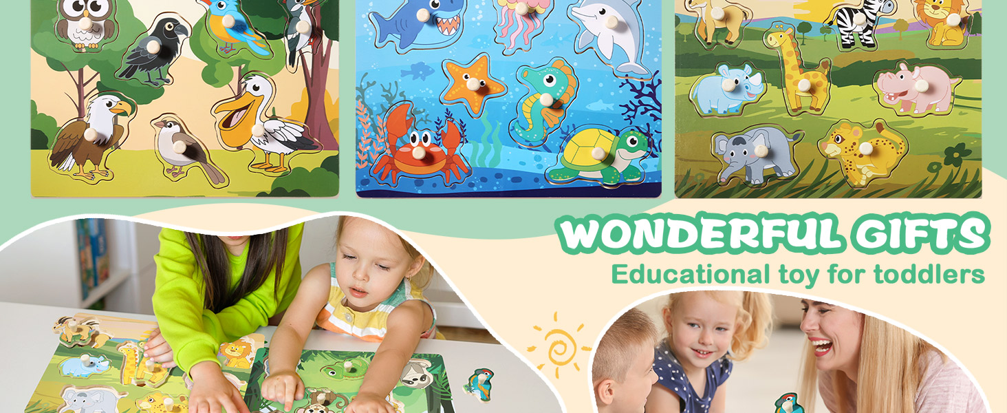 Wooden Puzzles for Toddlers 13, 6 Pack Peg Puzzles with