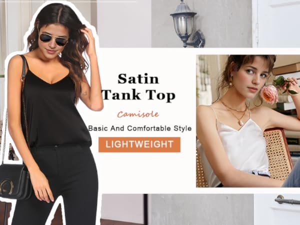 Ekouaer Womens Satin Cami Tops 2 Pack V Neck Silk Camisole