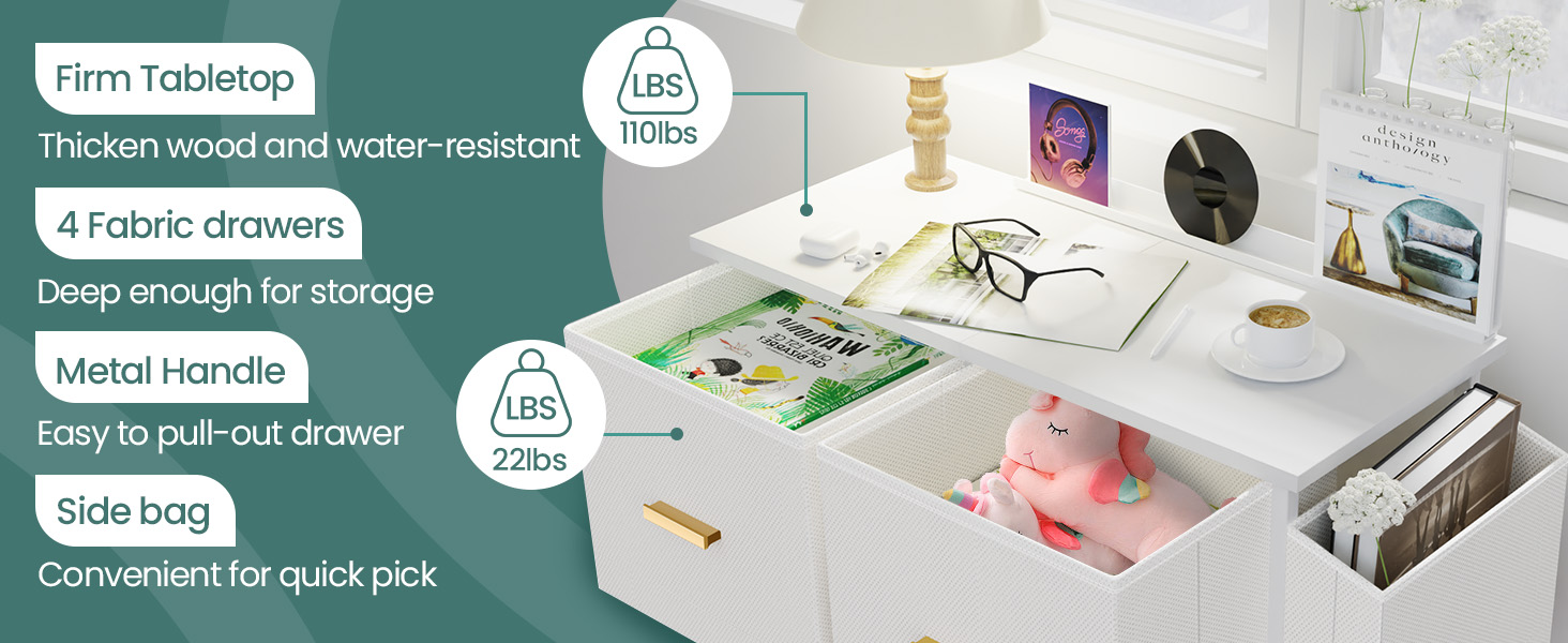 Firm Tabletop:Thicken wood, Metal Handle：Easy to pull-out drawer, Fabric side bags