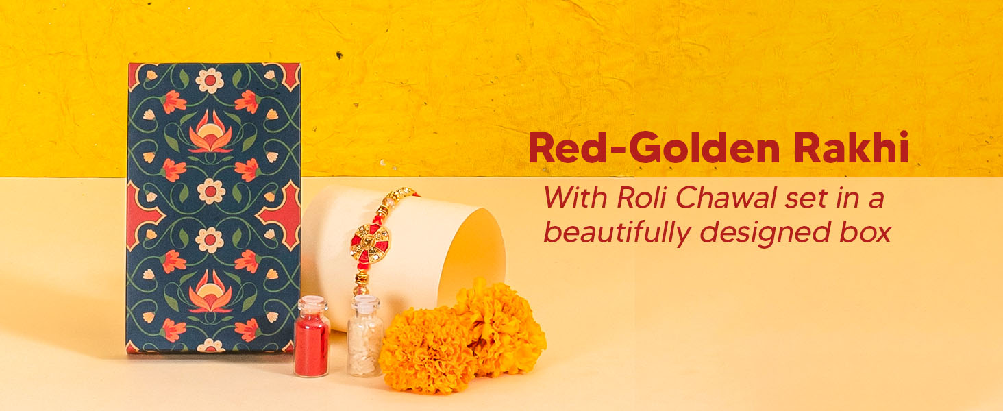 Red- Golden Rakhi with Roli-Chawal Set
