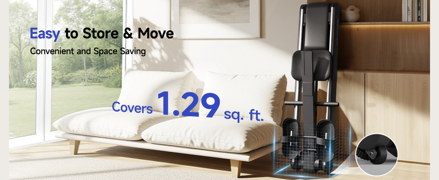 Upright vacuum cleaner storage rack with multiple attachments. Text highlights easy storage, space-saving design, and coverage of 1.29 sq. ft. Shown next to a white futon in a living room setting.