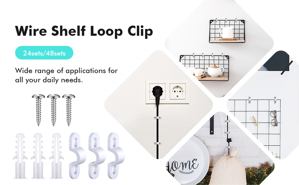 Wire Shelf Loop Clips White Plastic Shelf Clips Screws and Expansion Tubes for Wire