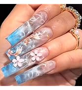 Square Press on Nails Long Coffin Fake Nails with Designs Koi Fish Stick on Nails Blue French Fal...