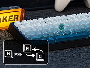 Close-up of a mechanical keyboard with illuminated keys showing navigation or tutorial interface elements overlaid on the image.