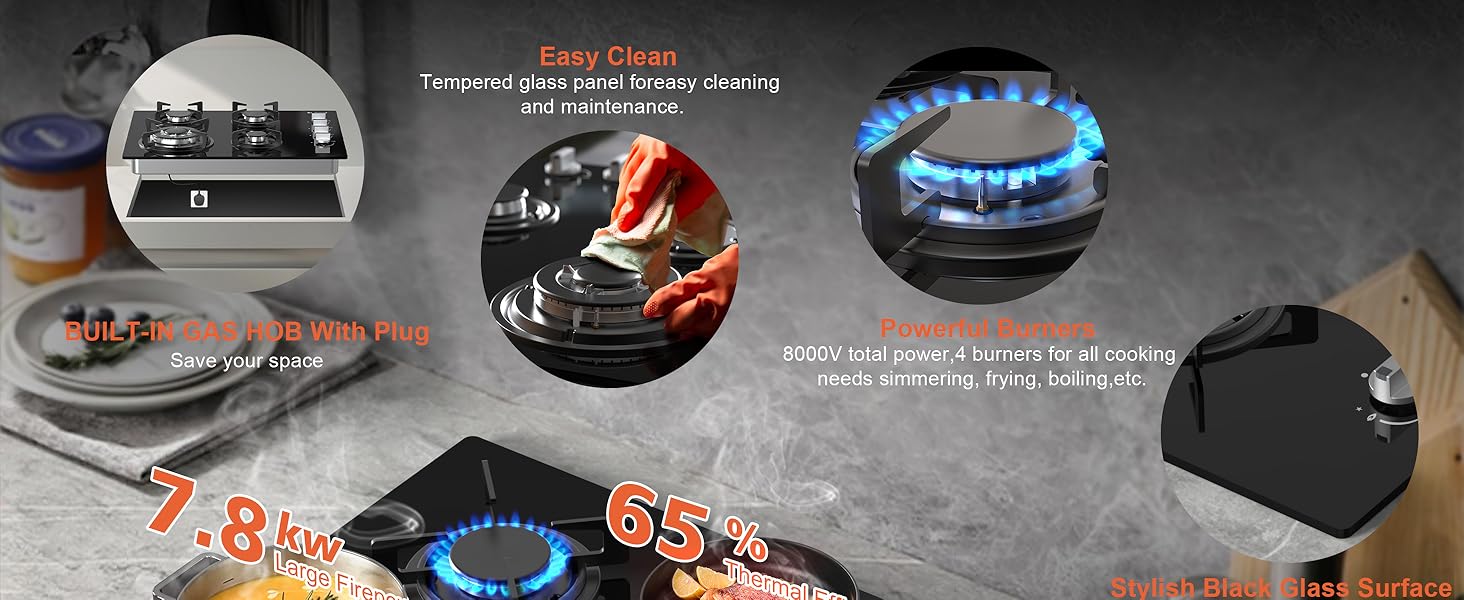 Karinear Gas Hob, 4 Burners Cas Hob with 13AMP Plug, Gas Hob 60cm Glass