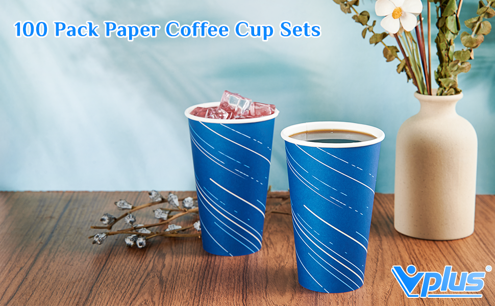 Vplus 100 Pack 16 oz Paper Coffee Cups, Cold/Hot Drinking