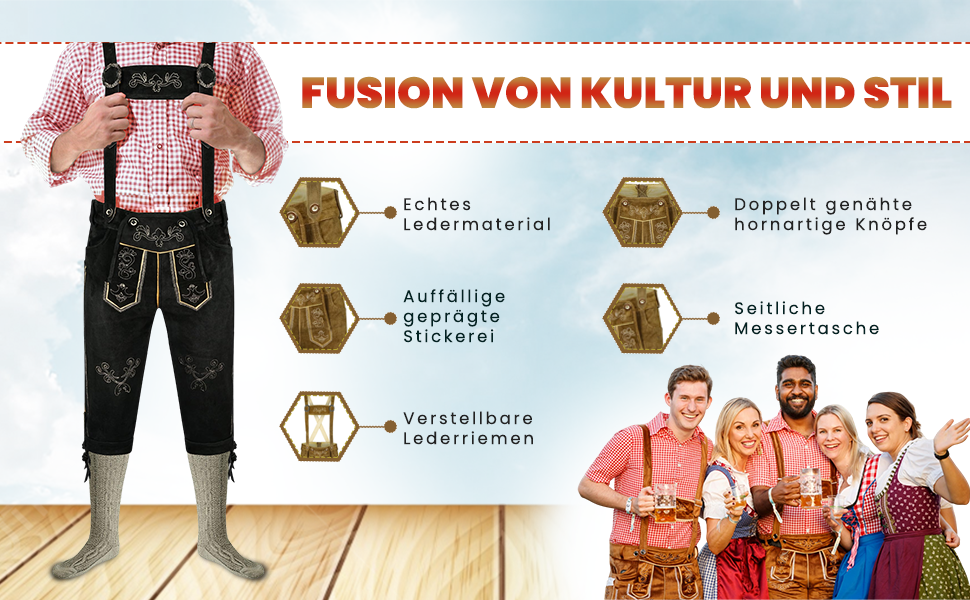 Infographic in German about traditional clothing, showing lederhosen features like leather material, embroidery, and adjustable straps. People in traditional outfits pictured.