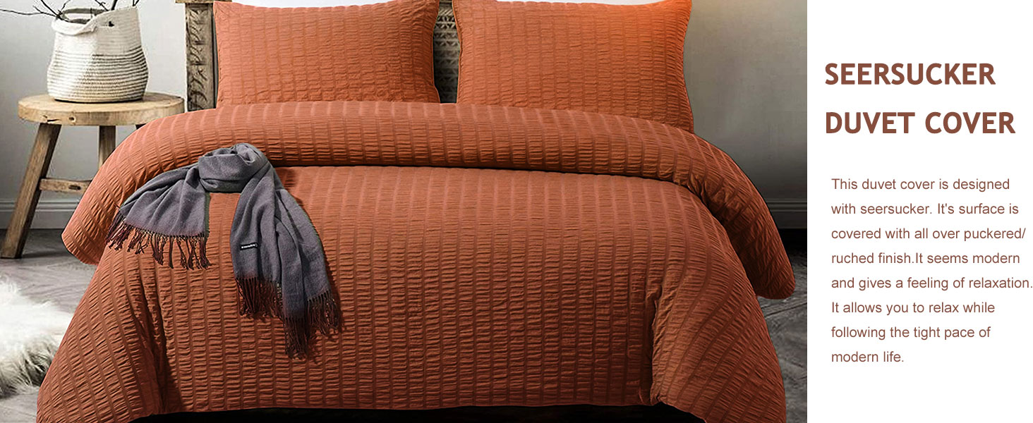 Burnt Orange Seersucker Duvet Cover Terracotta Puckering Bedding Set