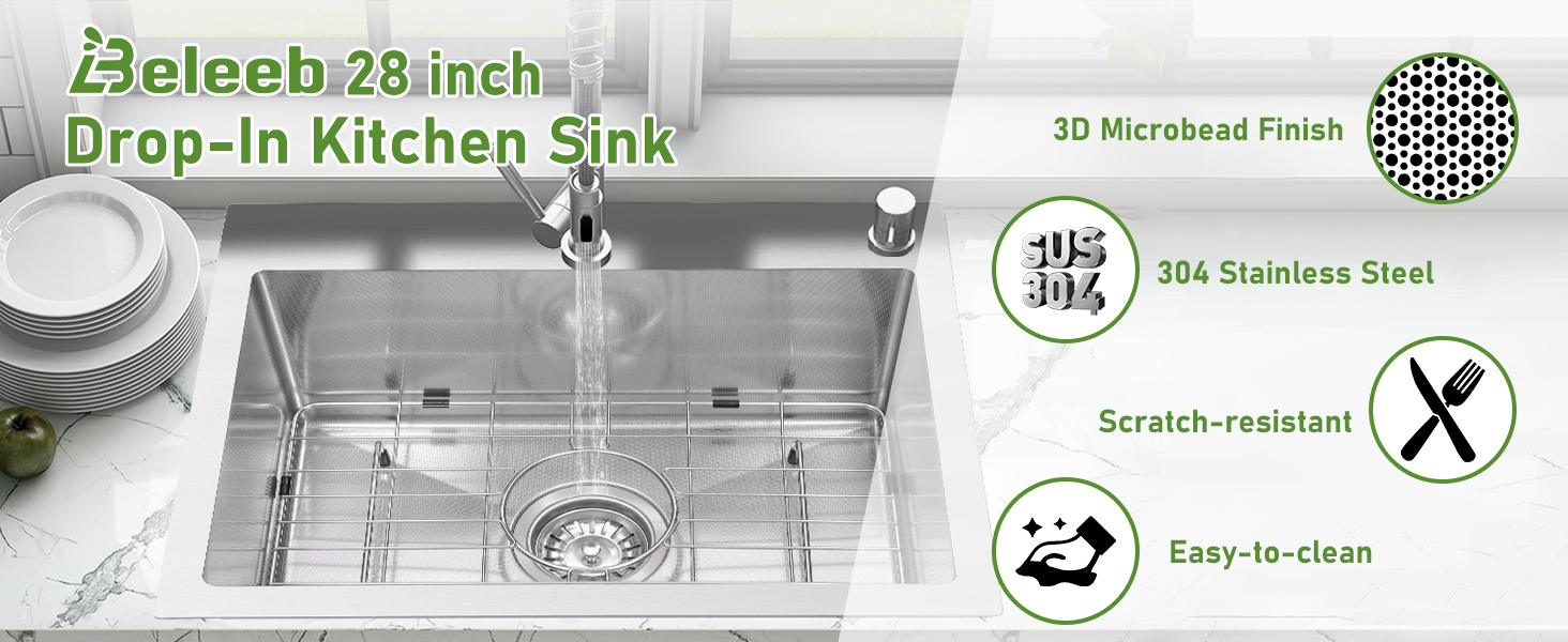 Beleeb 28 inch Kitchen Sink,3D Microbead Finish,304 Stainless Steel,Scratch-resistant,Easy-to-clean