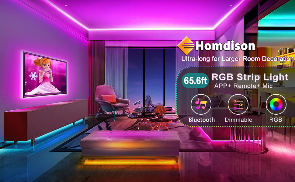 Smart Led Lights 65.6ft, Bluetooth App Controlled Led Strip Lights Kits with 40Key IR Remote