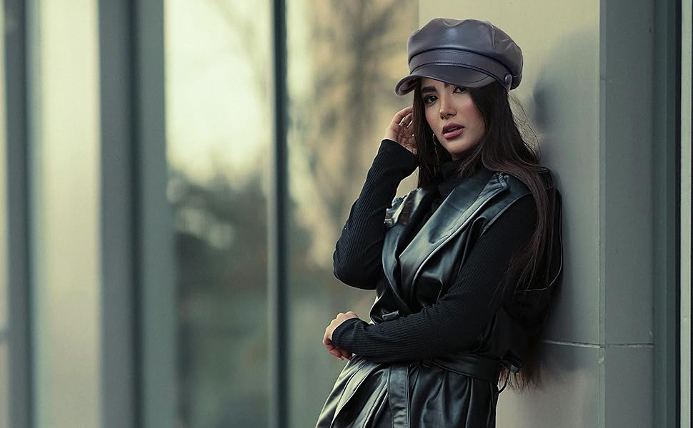 Hoce PU Leather Newsboy Hats for Women Fiddler Hat Cabbie