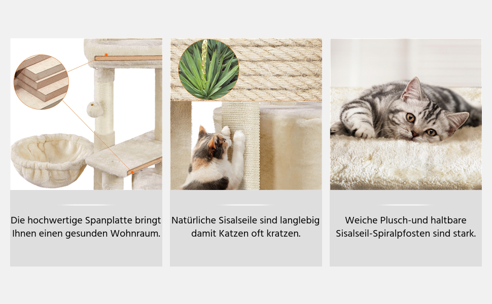 Dreiteiliges Werbebild für Katzenmöbel mit natürlichen Sisal-Kratzflächen, Topfpflanzen und Plüschpolsterflächen mit deutschem Text.