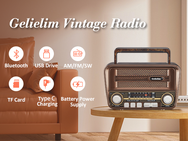 Gelielim Portable Retro Bluetooth Radio with Shortwave Support