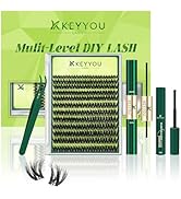 KEYYOU Lash Extension Kit 3D Effect Volume Lash Clusters Kit 144pcs D Curl Waterproof Kit DIY Eye...