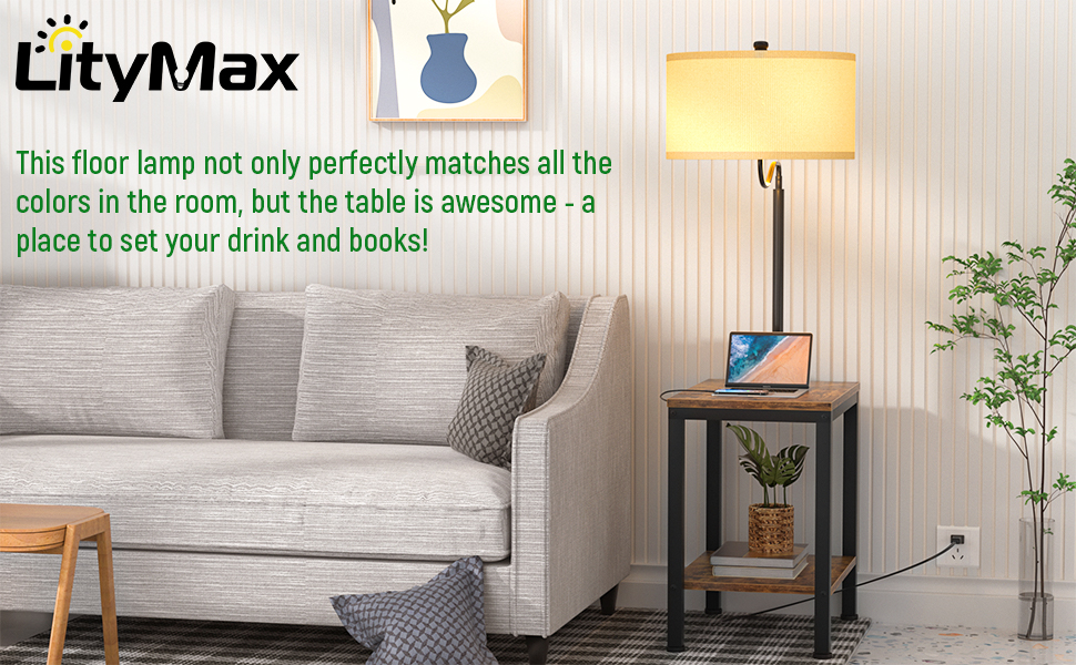 LityMax Floor Lamp with Table Rustic End Table with USB Charging Port