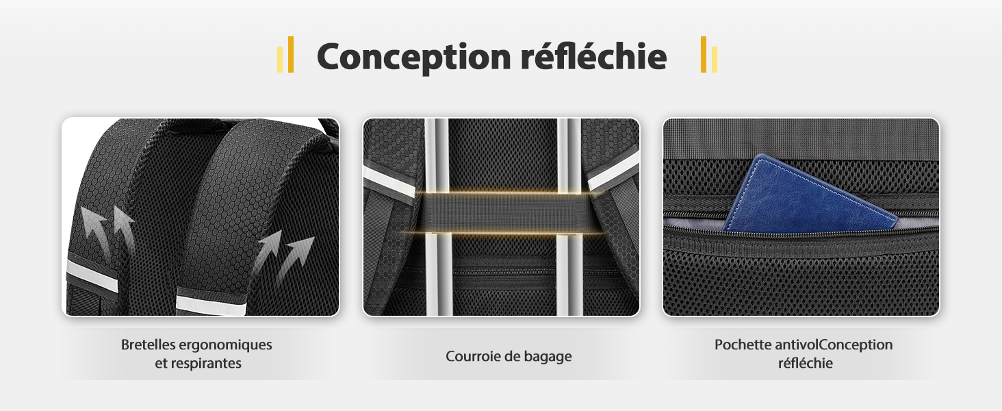 Le texte se lit comme suit : « Conception réfléchie ». Séquence de schémas techniques montrant les différentes étapes ou composants du processus de conception d'un produit.