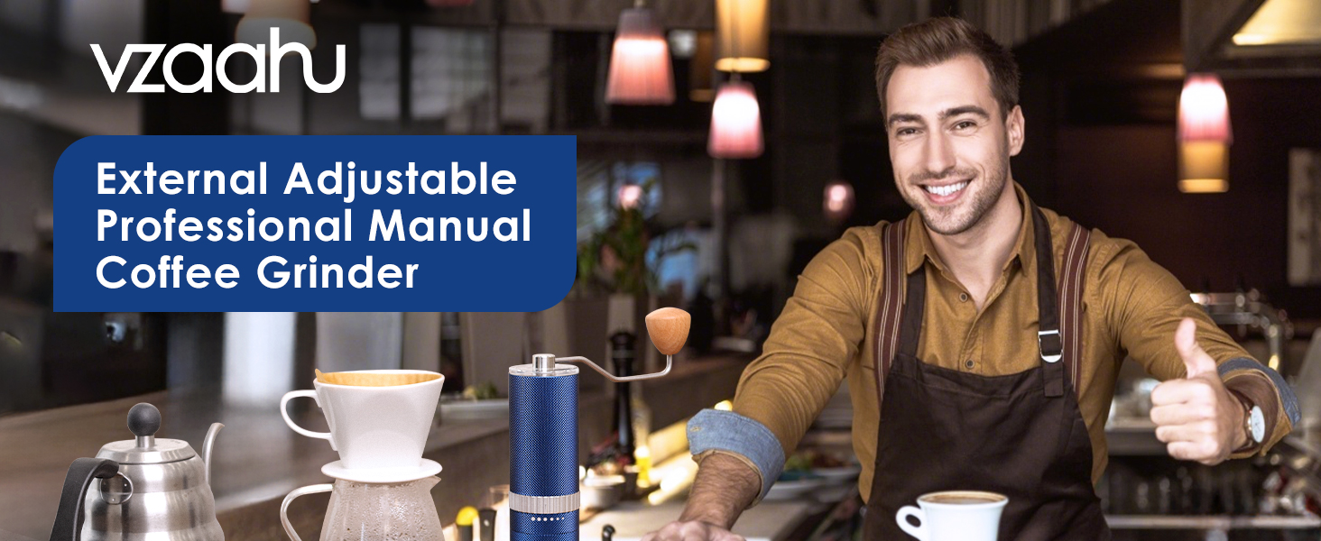 Vzaahu Manual Coffee Grinder,External Adjustable Coarseness 6 Level,CNC Stainless Steel Conical Burr Core,Color Blue,Diamonds Aluminum Alloy Body,Beech Bandle 11 al