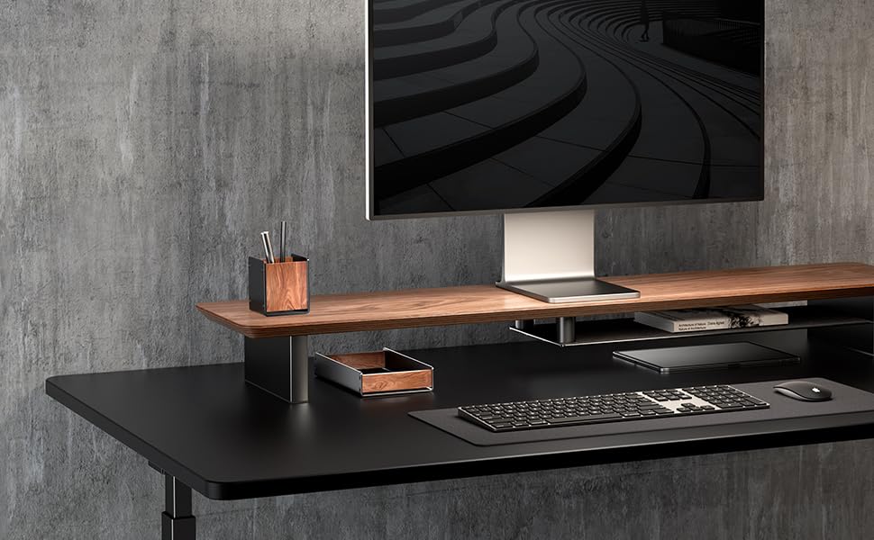 SHUOSUO Walnut Wood Desk Tray with Pen Holder Set, Natural Wooden & Aluminium Desk Office Draw Organizer Tray for Keys, Pen, Watch 13 Home Office Space