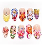 24pcs Colorful Flower Press on Nails Medium Almond Fake Nails with 3D Summer Floral Butterfly Rhi...