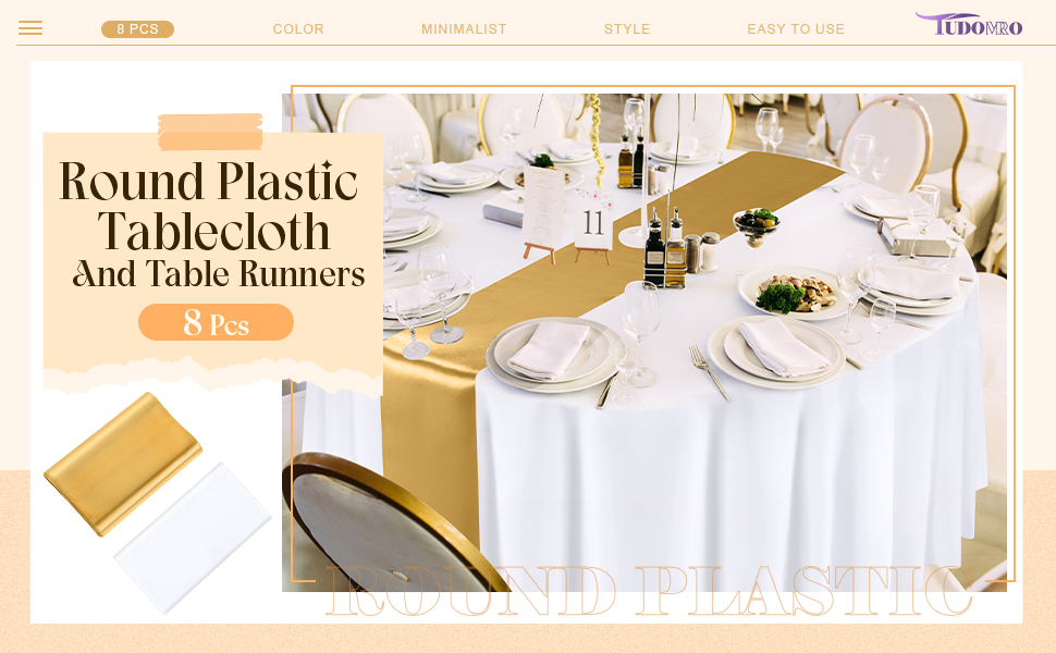 Tudomro 8 Pcs Round Plastic Tablecloth and 12"x108" Satin Table Runner Kit 84" Round