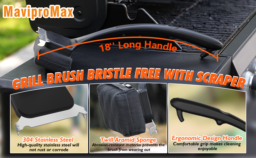 18" Long Handle Replaceable Cleaning Head Tool Safe Grate Barbecue Sponge Outdoor