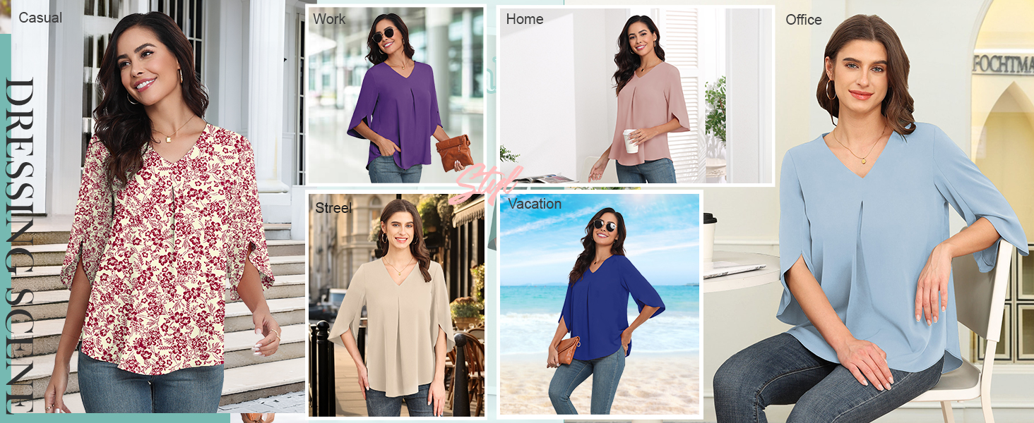 Women's 2024 Summer Chiffon Blouses Short Sleeve V Neck Tshirts Loose Casual Flowy Dressy Blouse