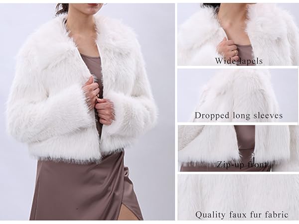 Amazhiyu Womens Faux Fur Zip-Up Cropped Jacket Long Sleeve