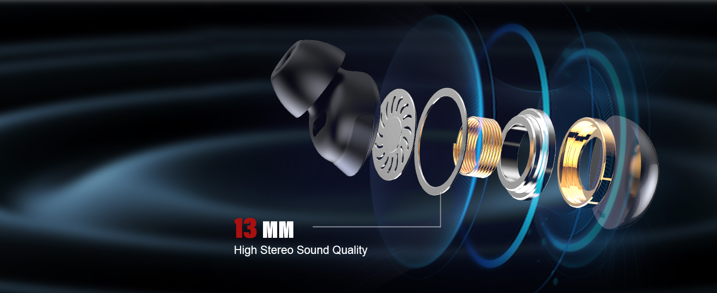 Exploded view diagram of earphone components, showing multiple layers including drivers and acoustic chambers with 'High Notes Sound Quality' text.