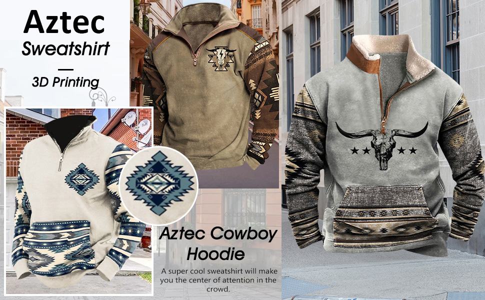 Aztec Cowboy Hoodie Vintage Graphic Western Hoodies for Men Half Zip Pullover with Pocket