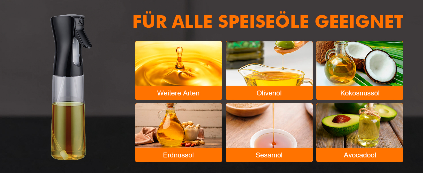 Der Text lautet: „FÜR ALLE SPEISEÖLE GEEIGNET“. Collage, die eine Ölsprühflasche mit verschiedenen Szenen bei der Zubereitung von Speisen zeigt.