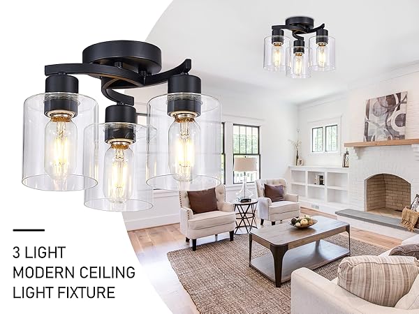 amama　BK Eatich 3-Light Ceiling Light, Semi Flush Mount Ceiling Light