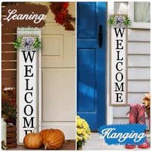 Two &#34;WELCOME&#34; signs: leaning with pumpkins, hanging by blue door, fall decor.