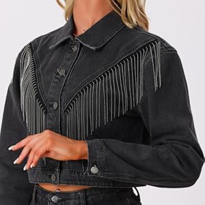 Allegra K Denim Fringe Jacket for Women's Party Sparkle
