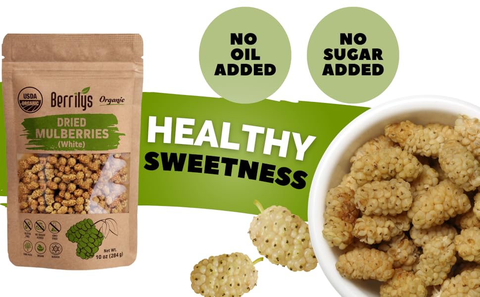 Berrilys Organic Dried Mulberries, 2 Pack of 10oz, White Mulberry, NonGMO