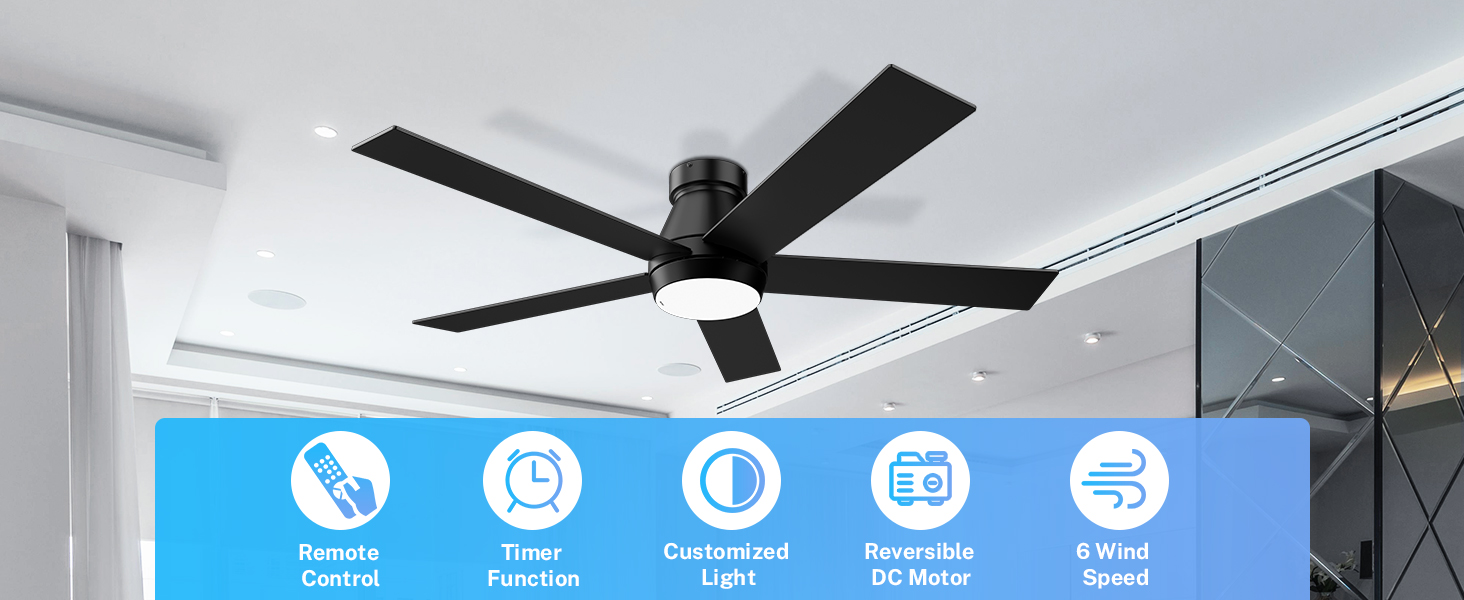 TCL 52" Ceiling Fan with Lights, Black Flush Mount Ceiling Fans