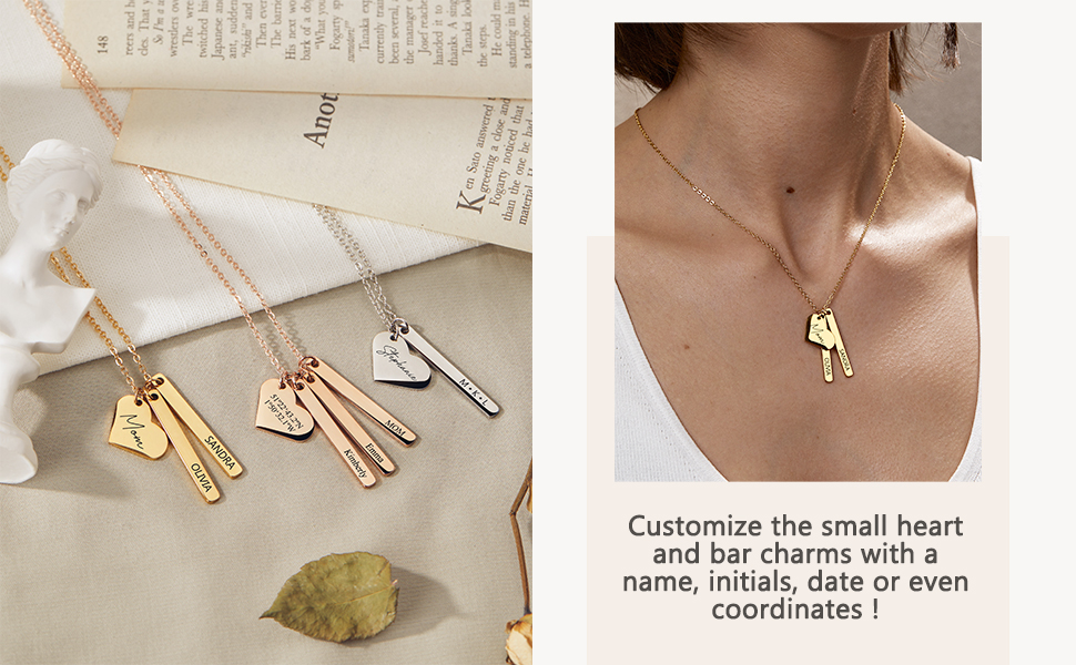 heart necklace personalized bar charm engraved name mothers day