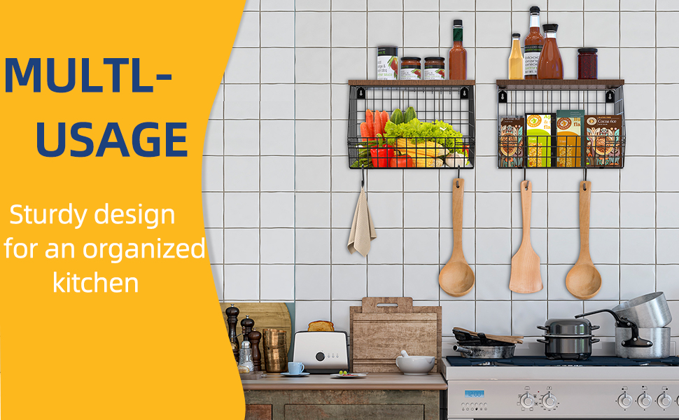 2pcs Fruit Basket Onion Storage Wire Baskets with Wood Lid