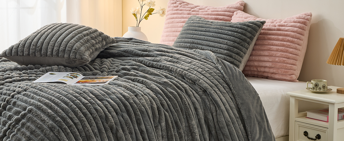 Simple&Opulence Fluffy Faux Fur Comforter Set, Plush Fuzzy