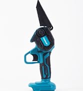 azul y negra con mango de agarre ergonómico, con una hoja de corte dentada y un diseño de herramienta eléctrica