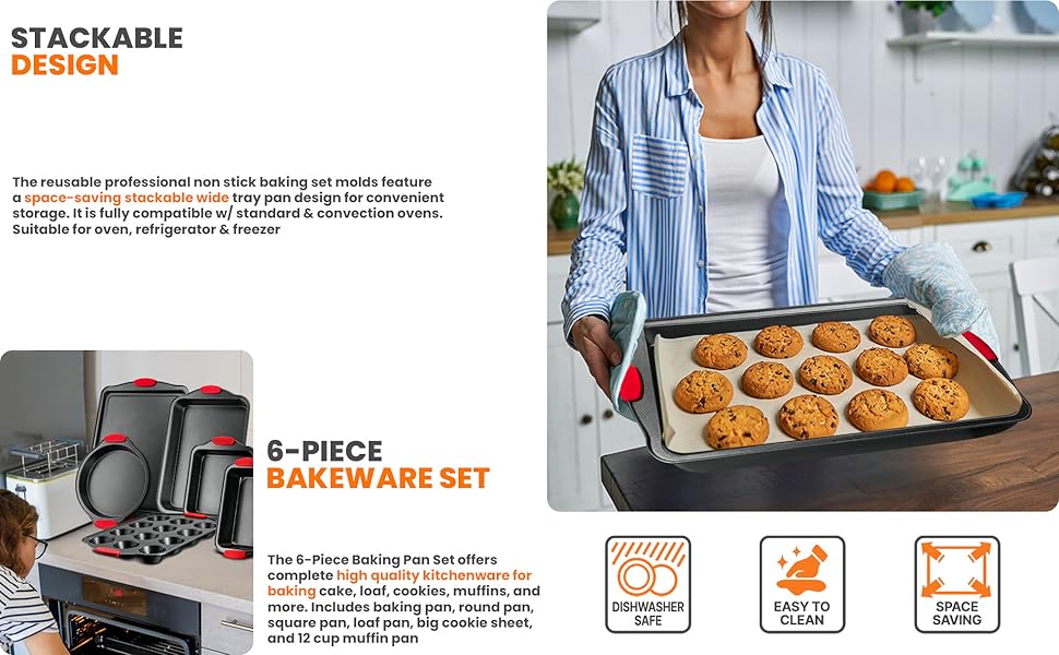 6-Piece;Nonstick;Bakeware;Baking Tray;Baking Pan;Cookie Sheet;Loaf Muffin Round;Muffin;Carbon;