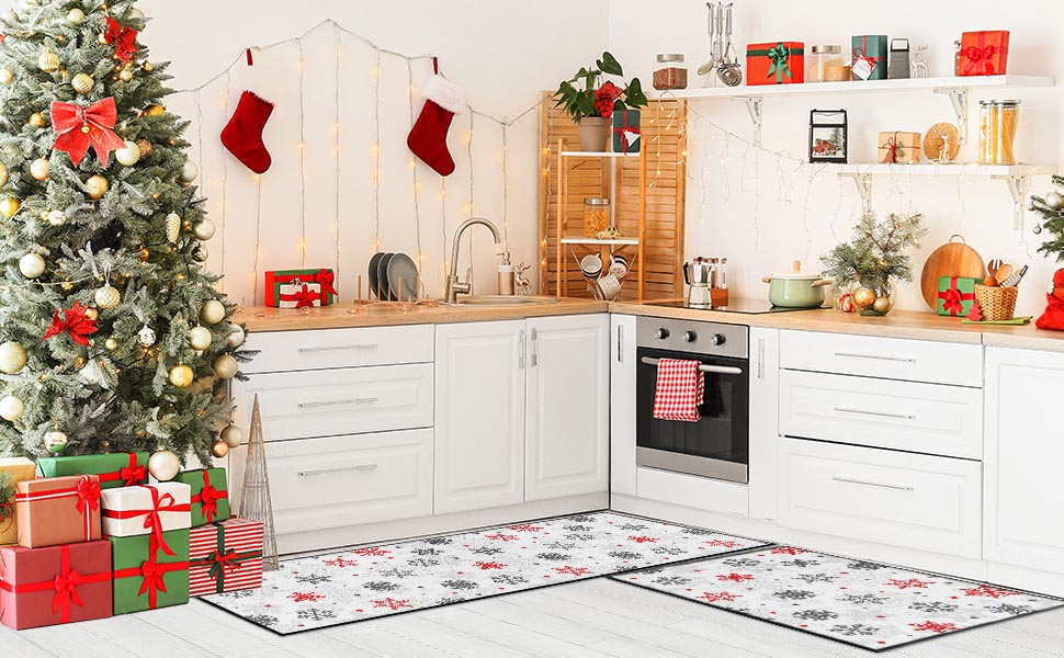 Tayney Christmas Kitchen Rugs and Mats Non Skid Washable Set of 2, Snowflakes