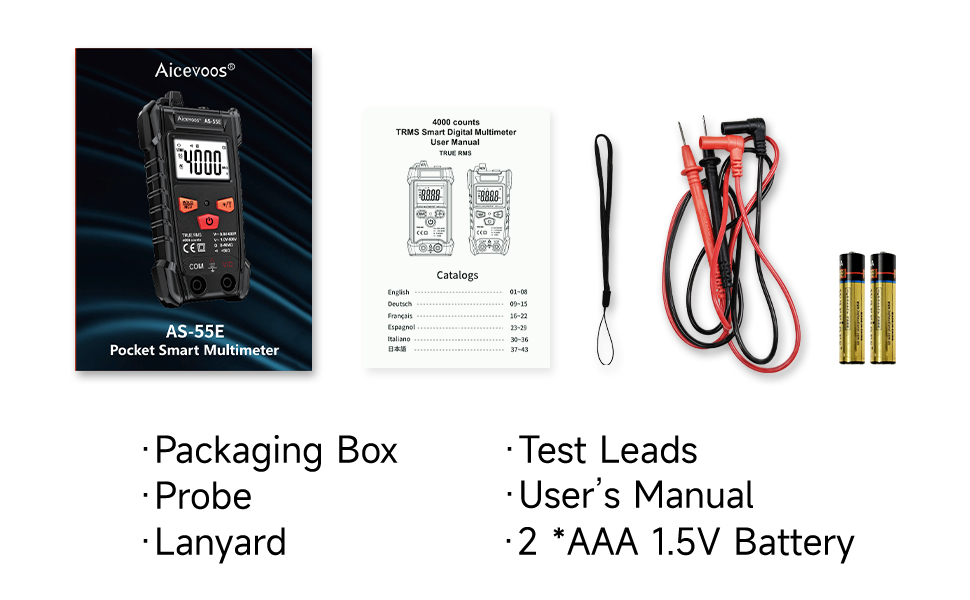 Aiemeos device package contents display including multimeter unit, test leads, probe, lanyard, user manual, and two AAA batteries.