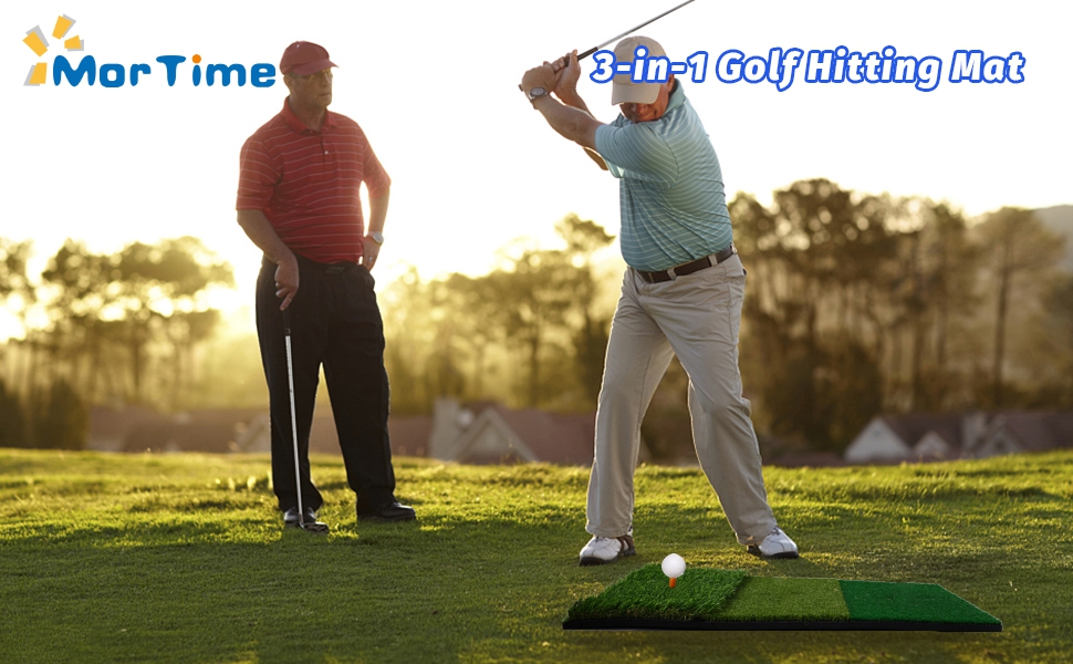 MorTime Golf Hitting Mat, 3-in-1 Portable Grass Golf Training Turf Chipping Mat
