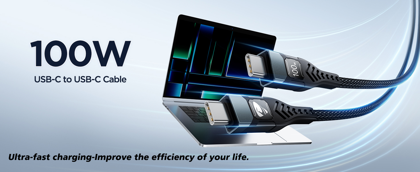 100W USB-C charging cable with blue illuminated connectors, advertised for ultra-fast charging capability.