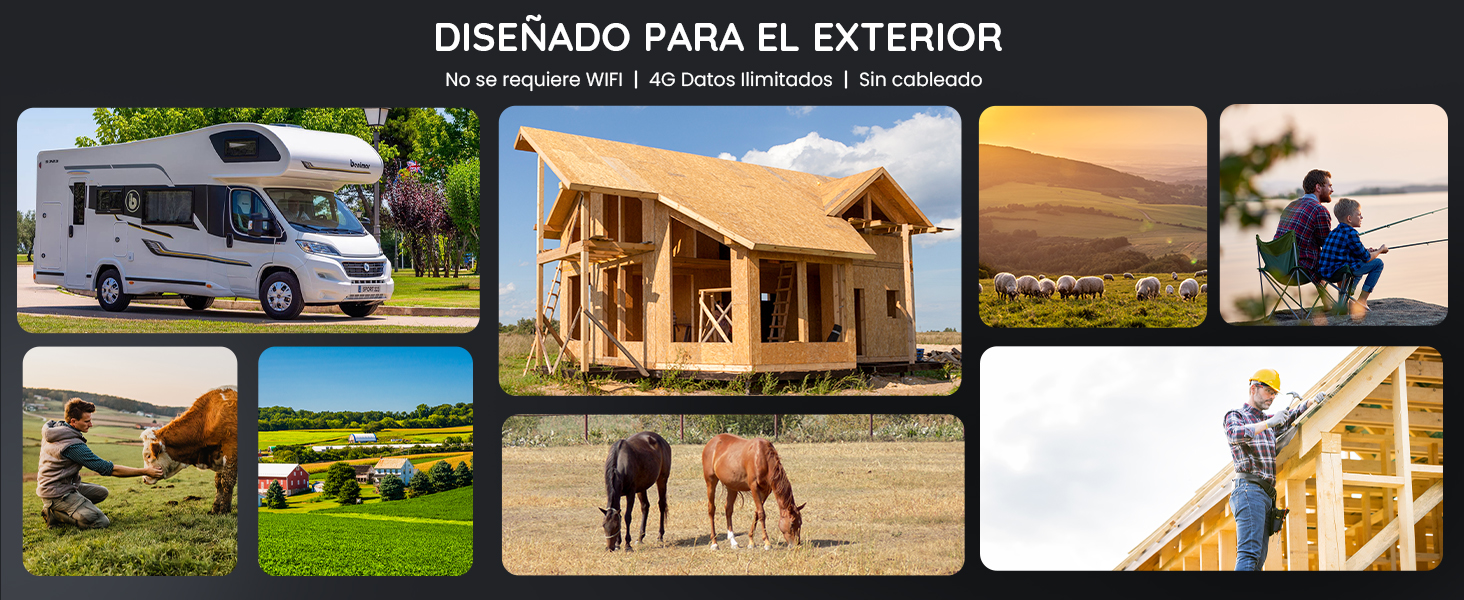 Colagem de design exterior com camping para trailers, construção de cabanas de madeira, paisagens rurais e atividades ao ar livre, demonstrando