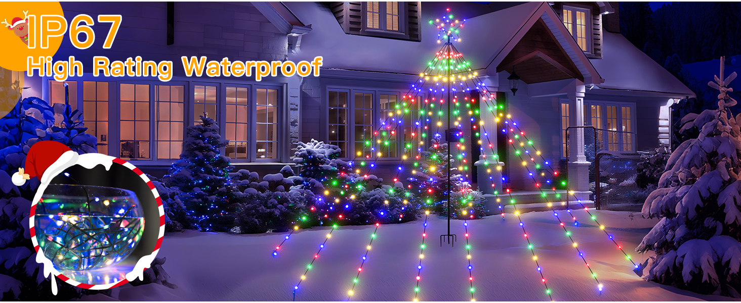 Text reads 'IP67'. Nighttime scene of house exterior decorated with multicolored LED Christmas lights along roofline and trees covered in snow.